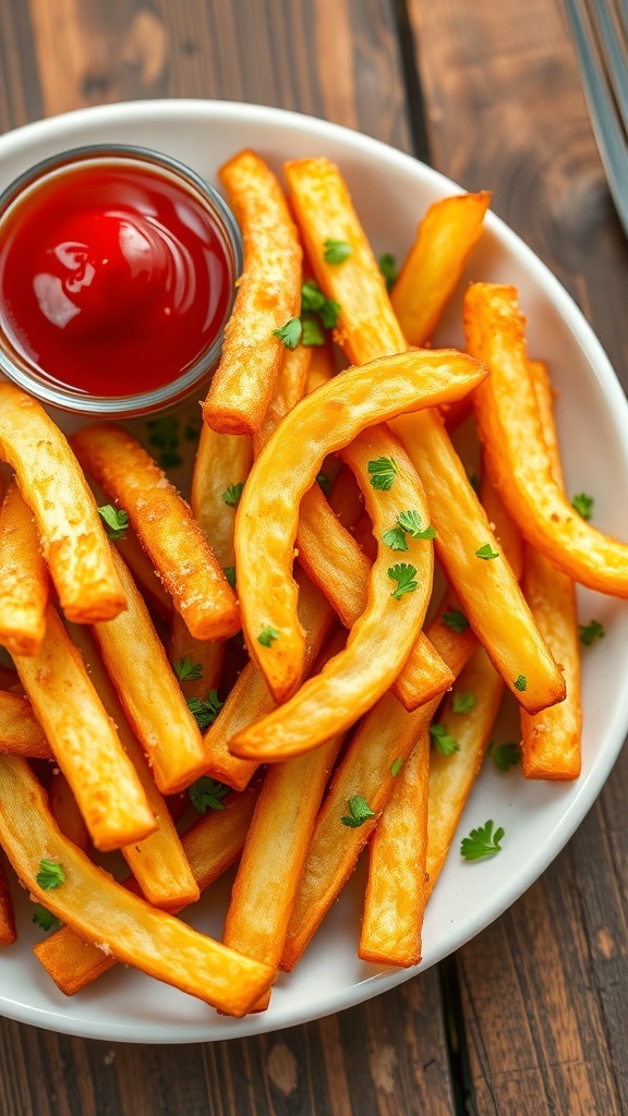 Crispy parmesan fries on a plate with parsley and ketchup.